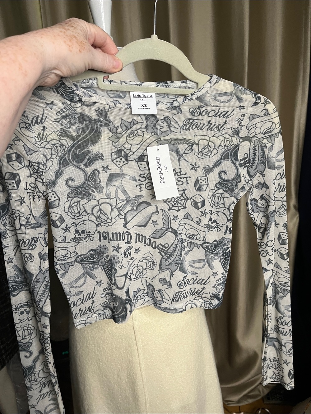 Social Tourist XS tattoo artist sheer long sleeve ls top crew tee skin tone